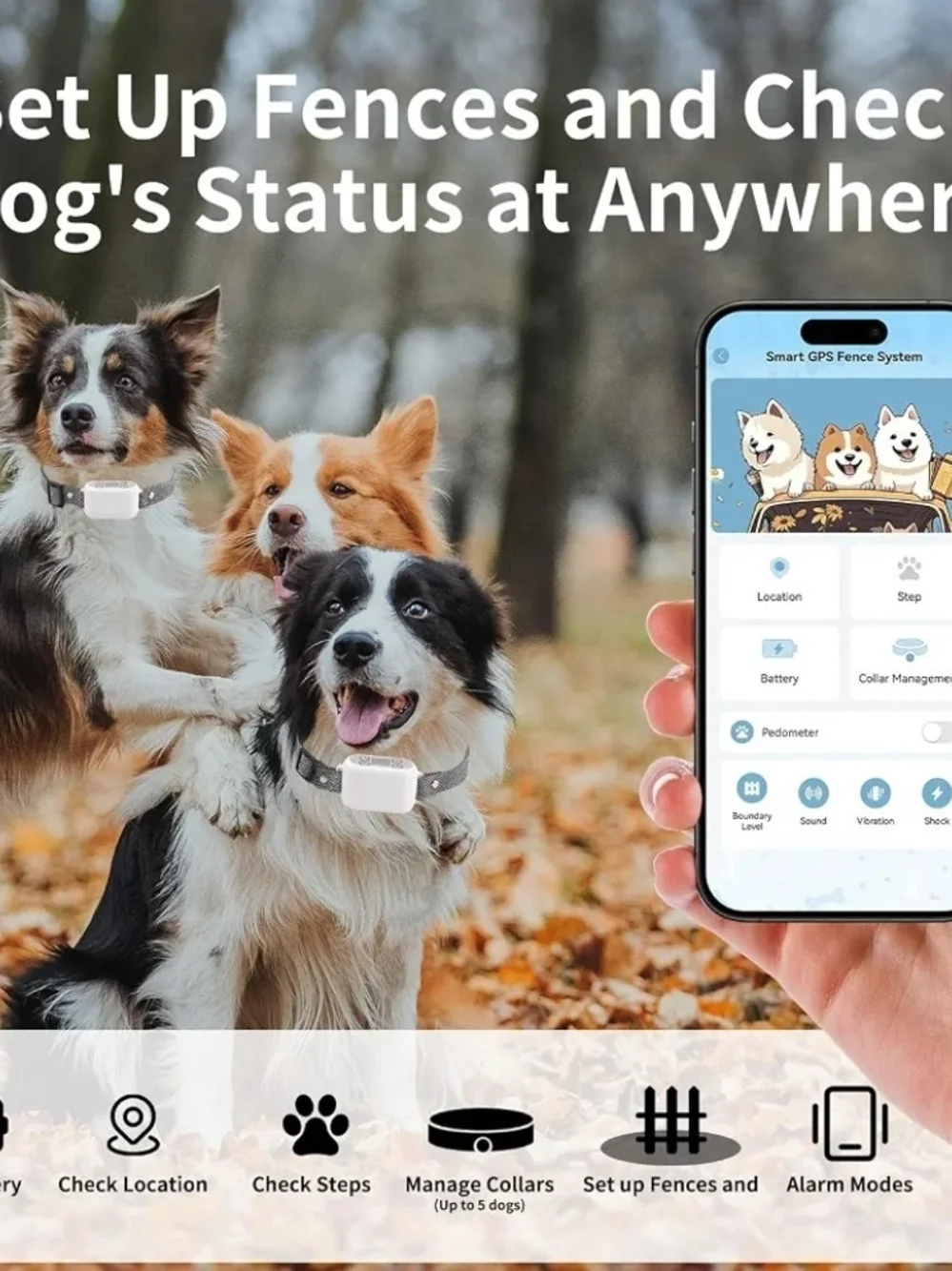 GPS Wireless Dog Fence System App Control No Wire 984FT Waterproof Collar White